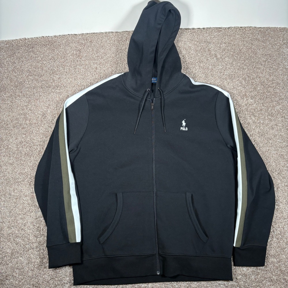Polo Ralph Lauren Mens XL Full Zip Hoodie Black Olive White Stripe Double Knit